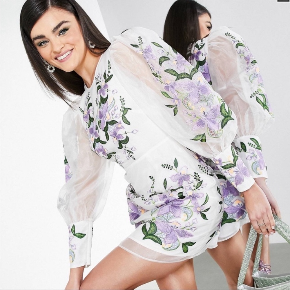 ASOS Edition white floral open back long balloon sleeve mini dress